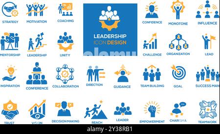 Progettazione di set di icone correlate alla leadership. ORGANIZZAZIONE, STRATEGIA, MOTIVAZIONE, EMPOWERMENT, FIDUCIA, COACHING, OBIETTIVO, FIDUCIA, FIDUCIA, SFIDA, PIOMBO Illustrazione Vettoriale