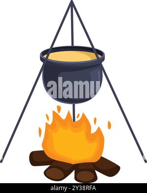 Illustrazione vettoriale in stile cartoni animati con un vaso di metallo nero appeso su un fuoco da campeggio in fiamme, ideale per illustrare la cucina all'aperto Illustrazione Vettoriale