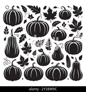 Set di sagome di zucca isolate su sfondo bianco, illustrazione vettoriale. Illustrazione Vettoriale
