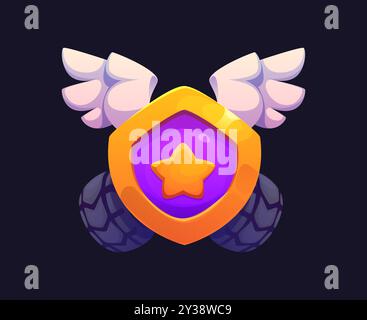 Distintivo premio per le corse automobilistiche e automobilistiche, con scudo alato con, pneumatici e stella. Icona a comparsa risultati di gioco, classifica corse o premi. Trofeo vettoriale cartoni animati che rappresenta il successo e il riconoscimento Illustrazione Vettoriale