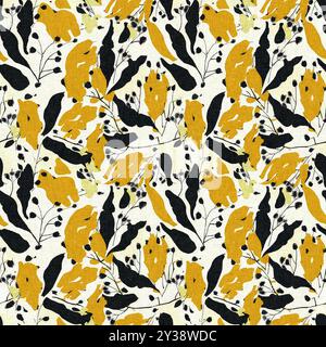 Moderno motivo blockprint in tessuto stampato con fiori selvatici e texture in lino. Motivi floreali boho scuri disegnati a mano stilizzati per elementi di design decorativi Foto Stock