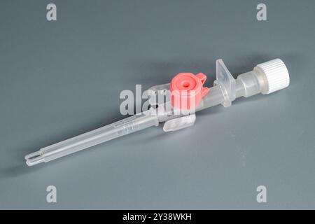 I cateteri endovenosi con porte di iniezione sono dispositivi medici utilizzati per somministrare farmaci, fluidi o sangue direttamente in una vena. Foto Stock