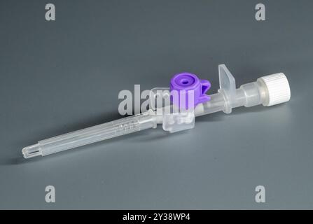 I cateteri endovenosi con porte di iniezione sono dispositivi medici utilizzati per somministrare farmaci, fluidi o sangue direttamente in una vena. Foto Stock