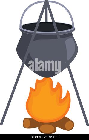 Grande calderone nero appeso su un fuoco in fiamme su un treppiede, perfetto per rappresentare la cucina all'aperto o la produzione di pozioni Illustrazione Vettoriale