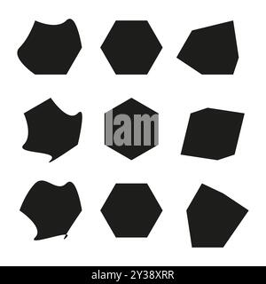 Icone di forma geometrica. Variazioni esagonali irregolari. Silhouette piene nere. Illustrazione vettoriale. Illustrazione Vettoriale