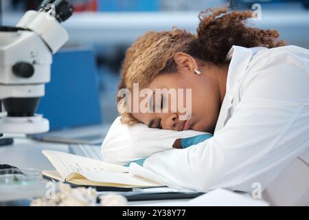 Dormire, scienza e donna con ricerca, stanchi e sperimentare il burnout, esausti e sovraccarichi. Persona, medico e professionista sul posto di lavoro Foto Stock