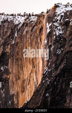 Il fenomeno Firefall di Yosemite al tramonto, che si illumina su El Capitan Foto Stock