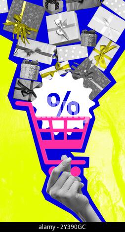 Poster. Collage d'arte contemporanea. Bilancia delicatamente a mano il carrello rosa pieno di regali colorati avvolti su sfondo giallo. Foto Stock