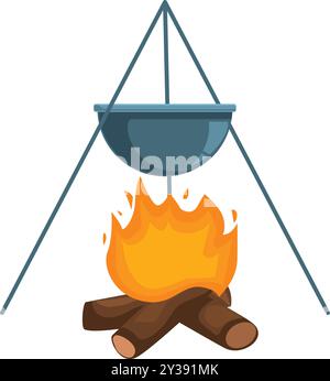 Pentola da cucina appesa al fuoco sul treppiede su sfondo bianco Illustrazione Vettoriale