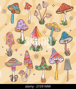 Funghi hippie retrò cartoni animati con motivo trippy psichedelico vettoriale di fiori colorati estivi, macchie arcobaleno e onde. Pazzo hippy amanita e fungo di foresta con lame d'erba Illustrazione Vettoriale