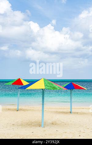 Ombrelloni colorati sulla spiaggia sabbiosa Foto Stock