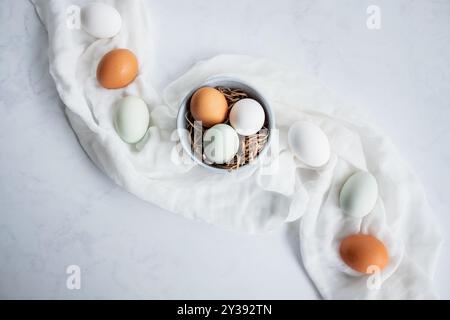 Vista dall'alto delle uova di pollo e anatra Foto Stock