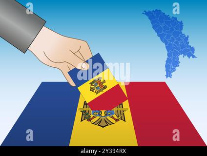 Moldavia, paese europeo, urne con mano e carta elettorale, bandiera e mappa nazionale, elezioni politiche, illustrazione vettoriale Illustrazione Vettoriale