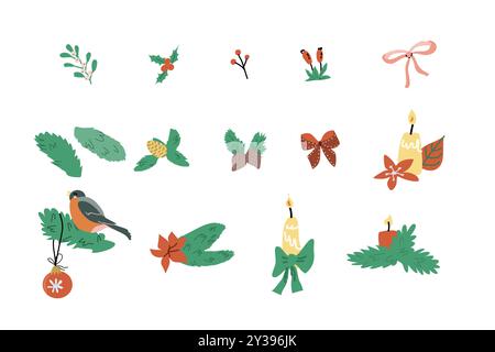 Carini elementi natalizi per babbo natale. Buon anno e decorazioni natalizie. Design piatto. Illustrazione vettoriale decorazioni natalizie. Illustrazione Vettoriale