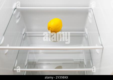 un solo limone fresco su un ripiano di vetro nel frigorifero della cucina di casa Foto Stock