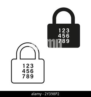 Illustrazione dell'icona del lucchetto a combinazione. Due varianti di blocco con display con tastierino numerico. Design minimalista in bianco e nero. Illustrazione Vettoriale