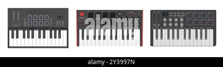 Set sintetizzatori piccoli, controller MIDI. Due ottave di tastiera, pad e manopole. Strumento musicale elettronico, illustrazione vettoriale. Illustrazione Vettoriale