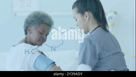 Immagine del diagramma dell'elemento su diverse donne che prendono il polso di una paziente anziana Foto Stock