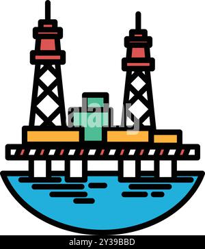 Un disegno colorato di una grande piattaforma petrolifera con una torre rossa e gialla Illustrazione Vettoriale