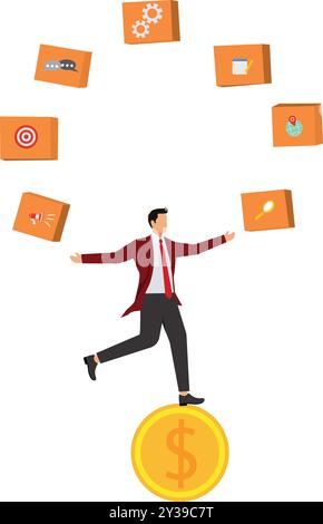 Multi-tasking, destreggiarsi, uomo d'affari, processo di gestione dei progetti da gestire e sviluppare con risorse per fornire prodotti di qualità, ciclo di sviluppo agile Illustrazione Vettoriale