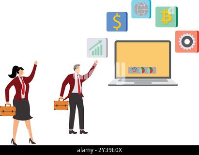 Using Laptop Searching, Organization, File management or documents archive, computer data backup or virus scan, online cloud storage or search for fil Illustrazione Vettoriale