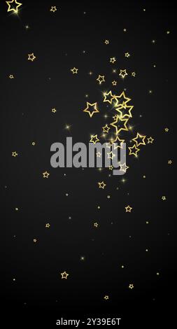 Stelle scintillanti sparse in modo casuale, volando, cadendo giù, fluttuando. Concetto di festa di Natale. Illustrazione vettoriale Festive Stars su sfondo nero. Illustrazione Vettoriale