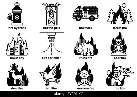 Una serie di illustrazioni nel concetto di incendio boschivo e fuoco in stile art di linea. Illustrazione Vettoriale