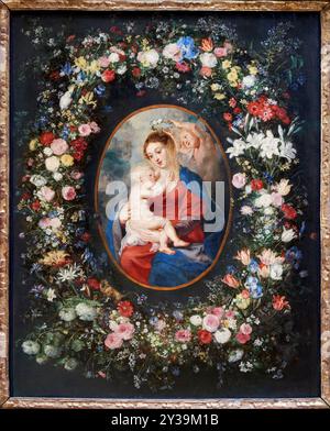 La Vergine, il Cristo bambino e gli Angeli in una ghirlanda di fiori, circa 1616-1617, olio su tela, Jan BRUEGHEL i, dit de Velours ou l'Ancien, Bruxelle Foto Stock