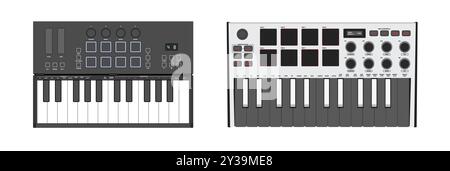 Strumento musicale digitale. Sintetizzatore realistico, controller Midi. Due ottave di tasti, pad e pulsanti. Illustrazione Vettoriale