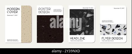 Design della copertina della brochure. Sfondo astratto terrazzo in pietra naturale, granito, quarzo e marmo. Modello per brochure con struttura terrazzo veneziano. Illustrazione Vettoriale