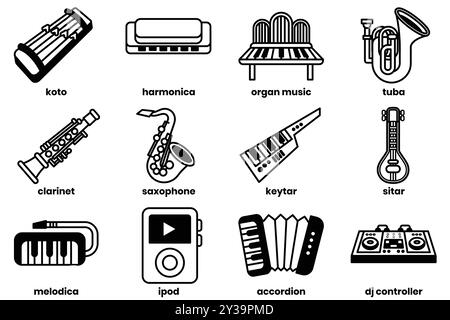 Un insieme di illustrazioni nel concetto di strumenti musicali in stile line drawing. Illustrazione Vettoriale