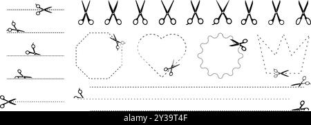 Tagliare linee e forme geometriche con le forbici. Simbolo taglia qui. Illustrazione Vettoriale