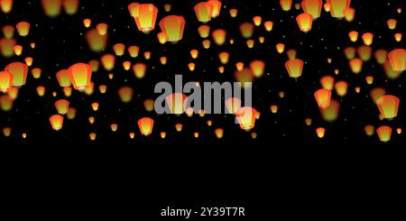 Chiang mai celebrazione di Loy Krathong. Vacanze in Thailandia con lanterne di carta che volano nel cielo notturno. La tradizione culturale di Chiang mai. Illustrazione vettoriale su sfondo nero. Illustrazione Vettoriale