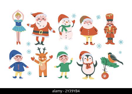 Simpatici personaggi natalizi babbo natale, cervi, pupazzo di neve, pinguini e altri personaggi delle fate. Collezione tradizionale di adesivi di Capodanno persone e animali Illustrazione Vettoriale