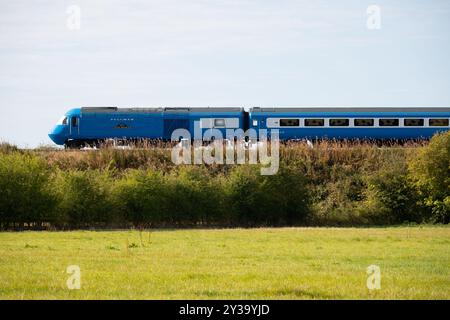 Treno diesel Intercity 125 HST nella livrea blu Pullman, Warwickshire, Inghilterra, Regno Unito Foto Stock