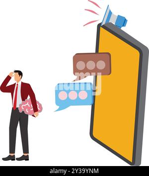 Sovraccarico di informazioni uomo d'affari, sovraccarico di informazioni, distrazione eccessiva o sovraccarico di dati, utilizzo eccessivo di dati, problemi con la pianificazione o il carico di lavoro Illustrazione Vettoriale