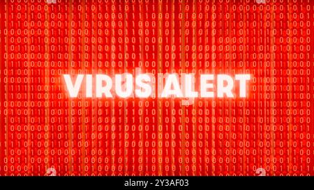 Avviso virus avviso virus. Testo illuminato bianco, codice binario, righe e strisce sullo schermo rosso. Attacco informatico, sicurezza informatica e di rete, segnale di avvertimento. img text010s03 glitch and flicker virus alert Foto Stock