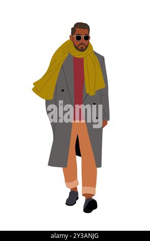 Uomo elegante che indossa cappotto, sciarpa e outwear autunnali. Illustrazione Vettoriale