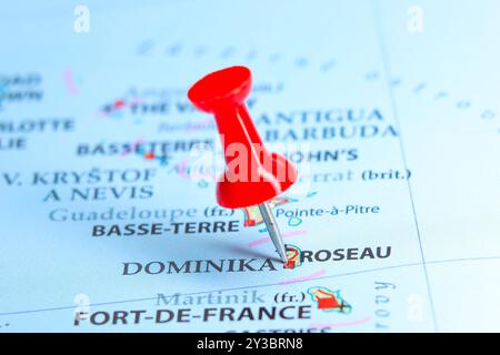 Roseau, spilla dell'isola di Dominica sulla mappa Foto Stock