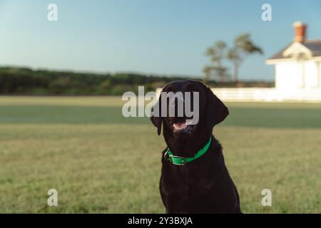 Ritratto all'aperto di un cane labrador retriever nero, sorridente con la bocca aperta Foto Stock