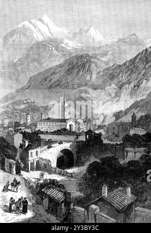 Apertura del tunnel del Monte Cenis: Il comune di Susa, 1871. "La piccola città di Susa, ai piedi del Monte Cenis, sarà d'ora in poi abbastanza lontana dalla strada del viaggiatore; ma noi diamo una vista del luogo per il bene della sua vicinanza al tunnel alpino e alle sue associazioni storiche del passato". Da "Illustrated London News", 1871. Foto Stock