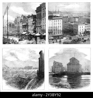 The Great Fire at Chicago: Views in the City, 1871. Prima dell'incendio. "Clark-Street North; vista dalla cupola del Municipio; depositi; ascensori di mais[di Sturges, Buckingham &amp; Co.]...l'incendio che ha distrutto, la scorsa settimana, la parte migliore di una delle più grandi città commerciali del mondo è ancora il tema più coinvolgente delle notizie... [presentiamo le opinioni] di Chicago come prima dell'incendio... le illustrazioni incise per questo numero del nostro Journal saranno viste con un interesse malinconico, come rappresentativo... I Great Union Stock-Yards coprono uno spazio di 345 acri, con Foto Stock