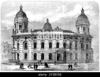 I nuovi uffici portuali, Hull, 1871. Incisione da una fotografia dei signori W. J. Wellsted e Son. "Il nuovo edificio sorge su un sito che si affaccia su tre strade - verso Junction-Street, New Cross-Street e Queen's Dock... lo stile dell'architettura è italiano, di tipo veneziano. I tre fronti sono simili; ciascuno costruito in pietra, con una gamma di pilastri ionici accoppiati sotto e di pilastri corinzi sopra. Il frontone sopra il portico d'ingresso principale, in Junction-Street, è adornato con sculture che rappresentano le figure del commercio e della prosperità e il dio del fiume Humber, e le braccia di Th Foto Stock