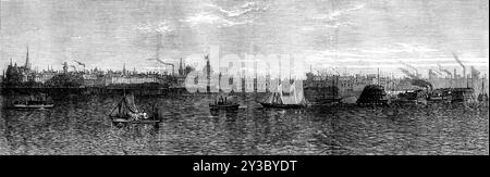 The Great Fire at Chicago: Vista della città dal lago Michigan, 1871. L'incendio che ha distrutto, la settimana scorsa, la parte migliore di una delle più grandi città commerciali del mondo è ancora il tema più avvincente delle notizie. I rapporti telegrafici del cavo sottomarino Atlantico ci informano della portata di questo disastro, ma dobbiamo aspettare ancora qualche giorno per una descrizione e una narrazione complete. Nel frattempo, è conveniente guardare lo stato di Chicago com'era prima dell'incendio; e le illustrazioni incise per questo numero del nostro Journal saranno viste con un interesse malinconico, come rappresentino Foto Stock