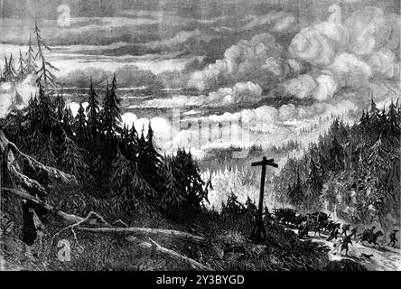 I grandi incendi boschivi in America: Vista vicino al fiume Fox, 1871. L'incendio è stato sparso da un tornado... La tempesta... si strappò lungo una striscia di paese nel Wisconsin di otto o dieci miglia di larghezza e di 140 miglia di lunghezza... qui, nella contea di Oconto, Wisconsin... 1500 uomini, donne e bambini furono bruciati a morte... un terribile suono ruggente fu sentito per la prima volta; poi scaglie di fuoco come meteore caddero in diverse parti della città, accendendo qualsiasi cosa toccassero. Sorse un vento feroce e tutto si avvolse nel fuoco, nel fumo, nella sabbia calda e nelle ceneri. Molte persone che fuggirono afflitte furono soffocate e bruciate prima del Foto Stock