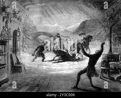 Scena da "The Bells", al Lyceum Theatre, 1871. Produzione teatrale a Londra. Il dramma intitolato "The Bells", di Mr. Leopold Lewis, adattato dallo sketch di MM. Erckmann-Chatrian chiamato "le Juif Polonais", continua a correre al Liceo, e senza dubbio si affermerà in favore popolare. Il pezzo contiene due scene da sogno, la prima delle quali è stata selezionata dal nostro artista per l'illustrazione. Mathias, Burgomastro d'Alsazia (Mr. Henry Irving), che quindici anni fa aveva commesso un omicidio sul suo ospite ebraico, ha la sua mente diretta all'incidente di molti circumsta Foto Stock