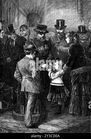 Luoghi di vacanza: La tortura nella Torre di sua Maestà, 1871. Beefeater mostra le viti a testa zigrinata nella Torre di Londra. "...la parte più interessante, oltre che la più antica, della fortezza è il mastio, solitamente chiamato Torre Bianca... figure montate in armatura,...armi da fuoco,...trofei e dispositivi emblematici, composti di armi, sulle pareti e sui soffitti. Ma, ah! cosa abbiamo qui? Antichi strumenti di tortura e punizione - viti a testa zigrinata e altri dispositivi delicati, con i quali i prigionieri contumaci venivano resi flessibili, e la verità o la falsità... venivano strappati dai saccheggi Foto Stock