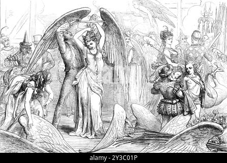 Le pantomime: Prepararsi per la scena della trasformazione, 1871. "Il nostro artista ha giustamente pensato che gli immensi preparativi necessari a Natale per la riuscita produzione di una pantomima avrebbero suscitato curiosità. Le persone in generale tendono a pensare che una pantomima sia una questione di poco conto... ma per il manager e il giocatore è un'impresa onerosa... le disposizioni per i grandi effetti e i raggruppamenti della trasformazione sono della descrizione più complessa. I risultati meccanici sono questioni di grande impegno e richiedono l'attenzione più persistente. Il lettore acquisirà una certa nozione di Foto Stock