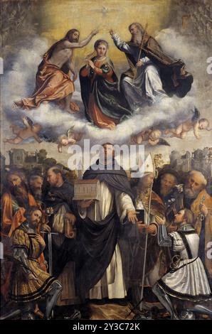 Incoronazione della Vergine e di San Domenico tra Santi, 1545-1548. Si trova nella Collezione della Pinacoteca Tosio Martinengo, Brescia. Foto Stock