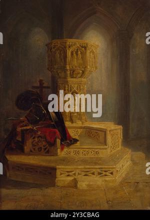 Font, Walsingham Church, 1831. I sette Sacramenti risalgono al XV secolo, la chiesa di Santa Maria, Little Walsingham, Norfolk. Foto Stock